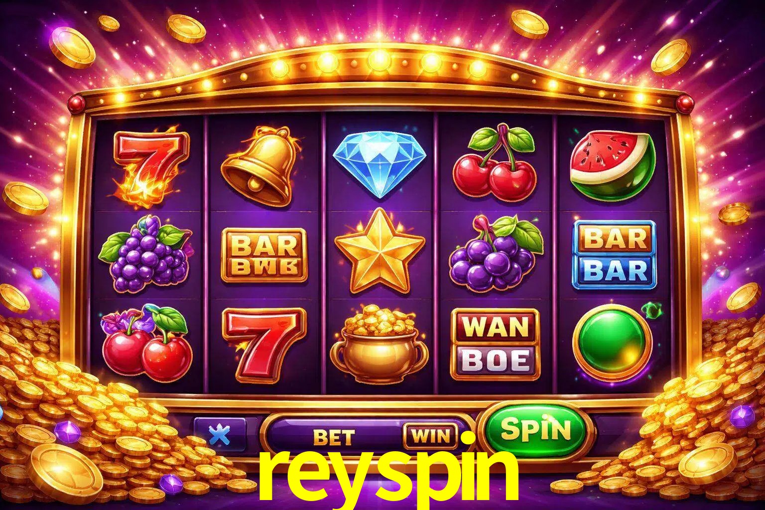 Una interfaz colorida de tragamonedas en línea con símbolos brillantes, monedas y un efecto de victoria celebratoria en reyspin.