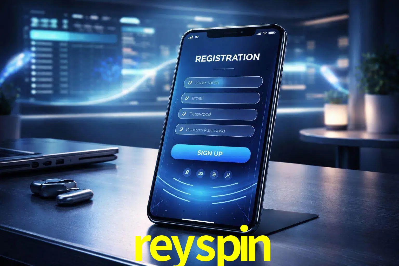 Una interfaz moderna de registro móvil para reyspin mostrada en un smartphone con un panel de apuestas elegante.